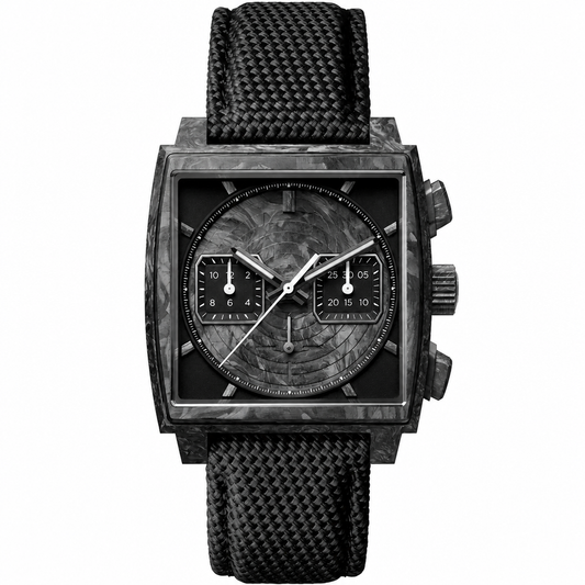 Modern chronograph watch with carbon fiber square case and black woven fabric strap