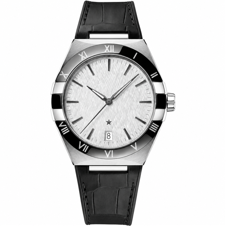 Men's dress watch with silver dial and black leather strap 41mm