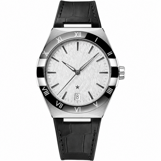 Men's dress watch with silver dial and black leather strap 41mm