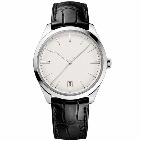 Dress watch with silver dial, polished metal case, and black leather strap