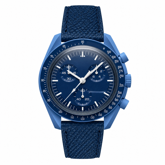 Blue chronograph watch with textured leather strap