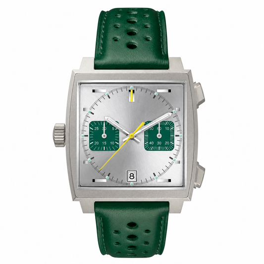 Square silver-tone chronograph watch with green perforated leather strap and silver dial with green subdials