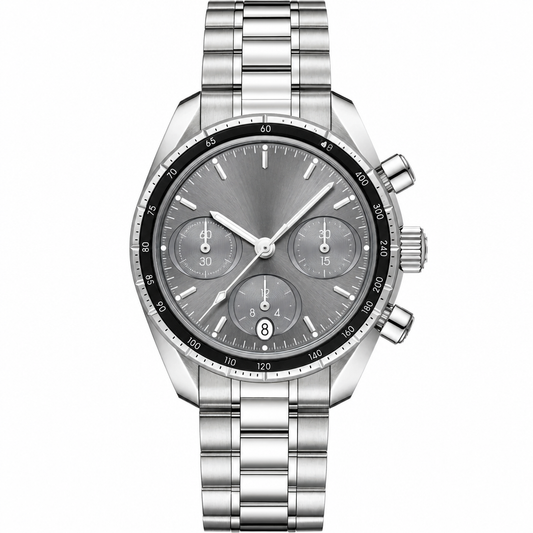38mm sport chronograph watch with gray dial and silver metal bracelet
