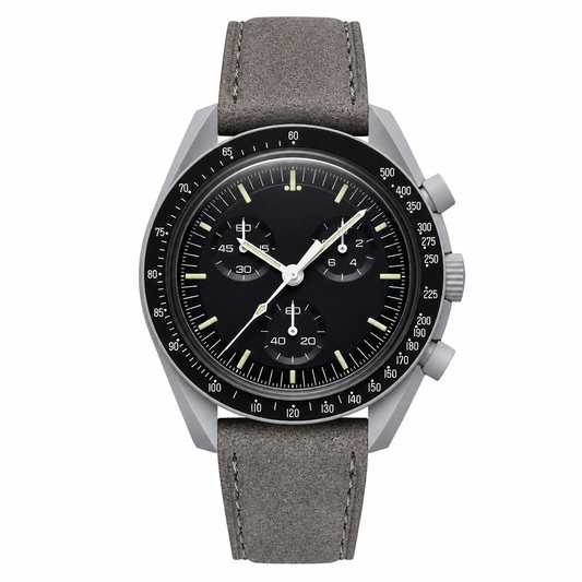 Chronograph watch with black dial and grey suede leather strap on white background