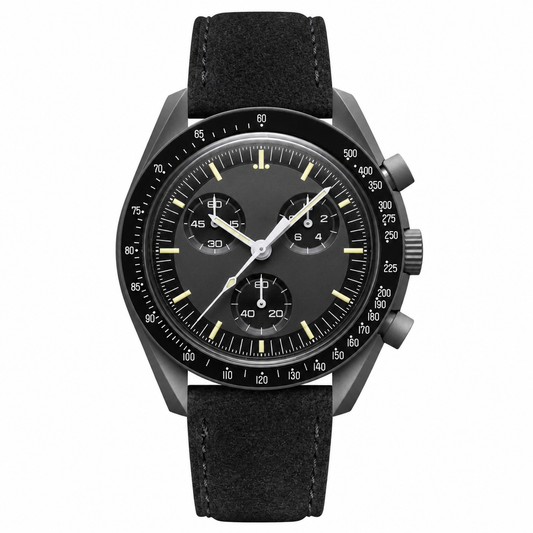 Chronograph watch with black dial and black suede leather strap on white background