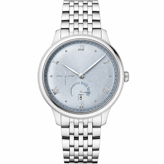 Classic dress watch with silver-tone metal case and bracelet, light silver-blue dial, Roman numerals, and date window