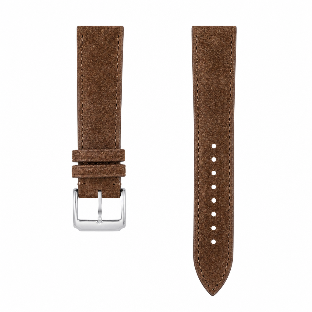 Brown suede leather watch strap with silver-tone buckle on white background