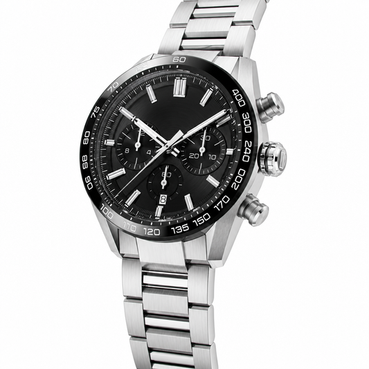 Sporty chronograph watch with black dial and silver metal strap