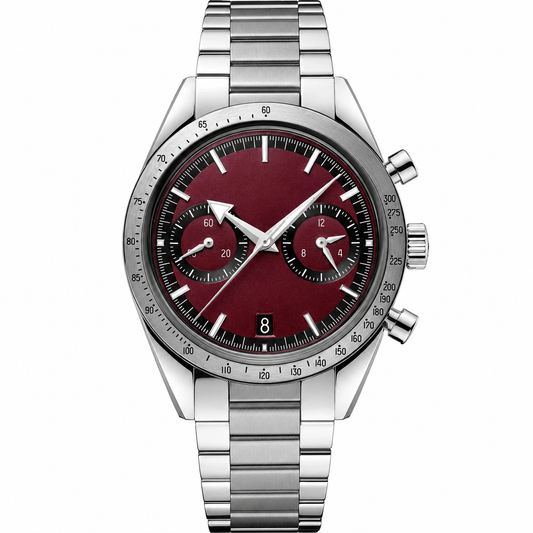 Chronograph watch with burgundy dial and silver metal strap