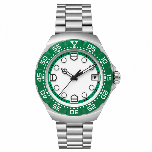 Stainless steel sport watch with white dial and green bezel on metal bracelet