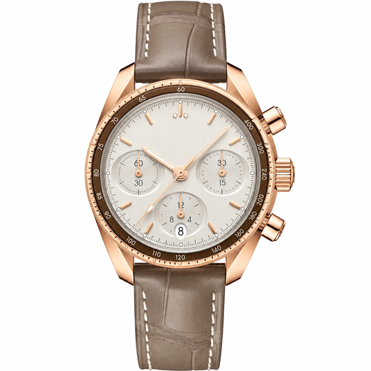 38mm chronograph watch with rose gold case and brown leather strap