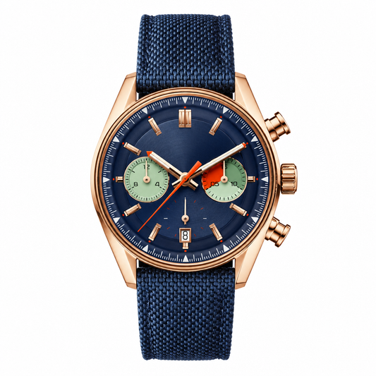 Blue dial sport chronograph watch with rose gold-tone case and blue fabric strap on white background