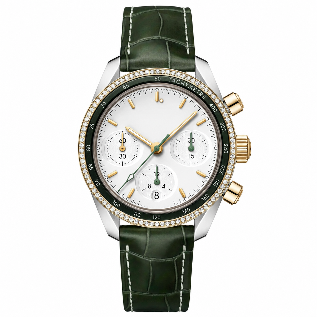 38mm chronograph watch with white dial, diamond bezel, and green leather strap