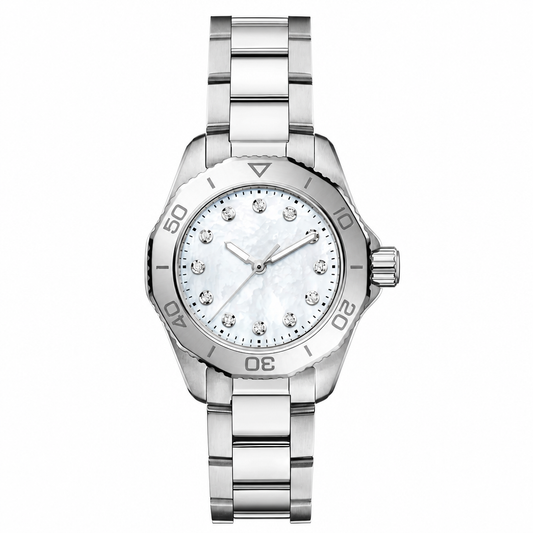 Elegant stainless steel bracelet watch with mother-of-pearl dial and crystal hour markers