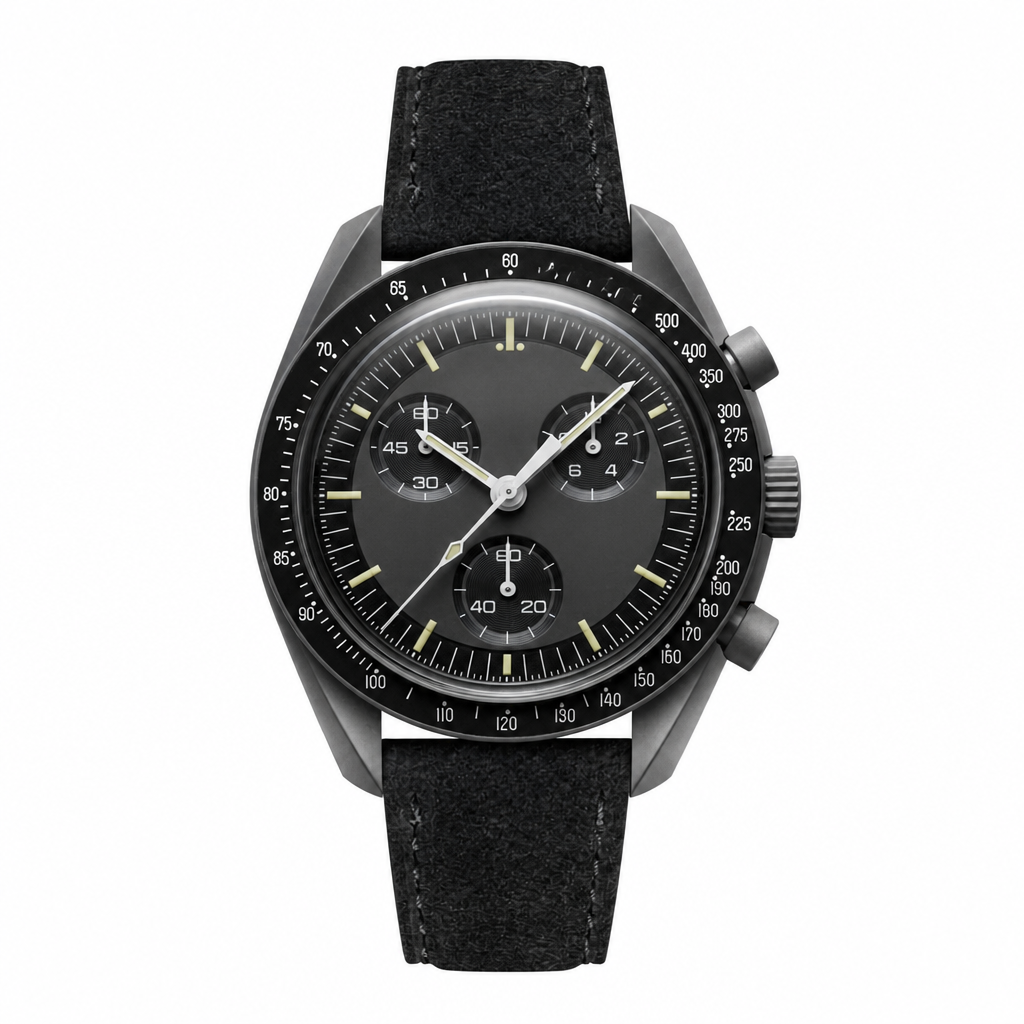 Chronograph watch with black dial, three subdials, dark metal case, and black suede strap on white background