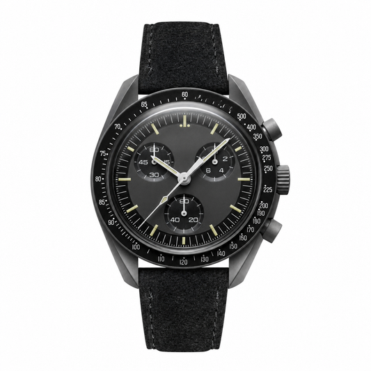 Chronograph watch with black dial, three subdials, dark metal case, and black suede strap on white background