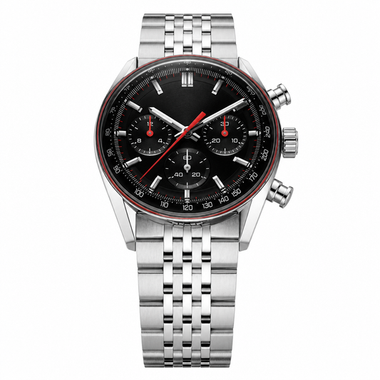 Chronograph watch with black dial and silver metal bracelet on white background