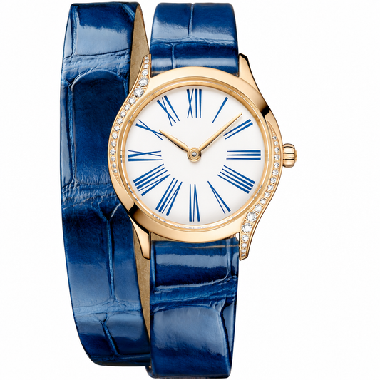 Elegant women's gold-tone watch with white dial and blue Roman numeral markers on double-wrap blue leather strap