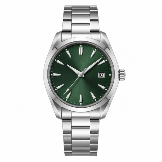 Classic unisex stainless steel watch with green dial and date display