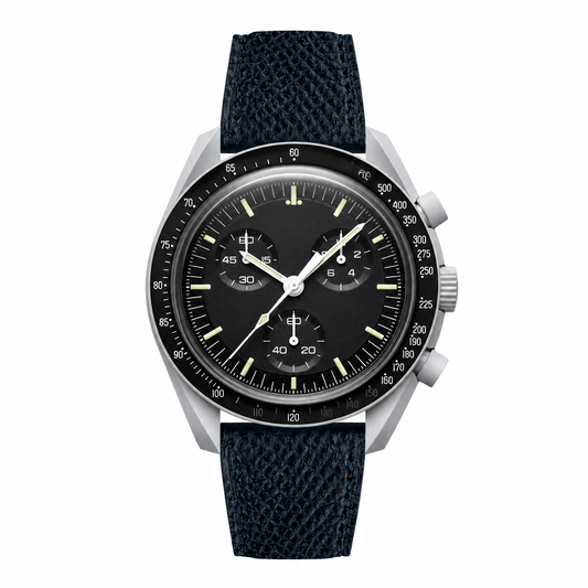 Chronograph watch with black dial and dark blue leather strap on white background