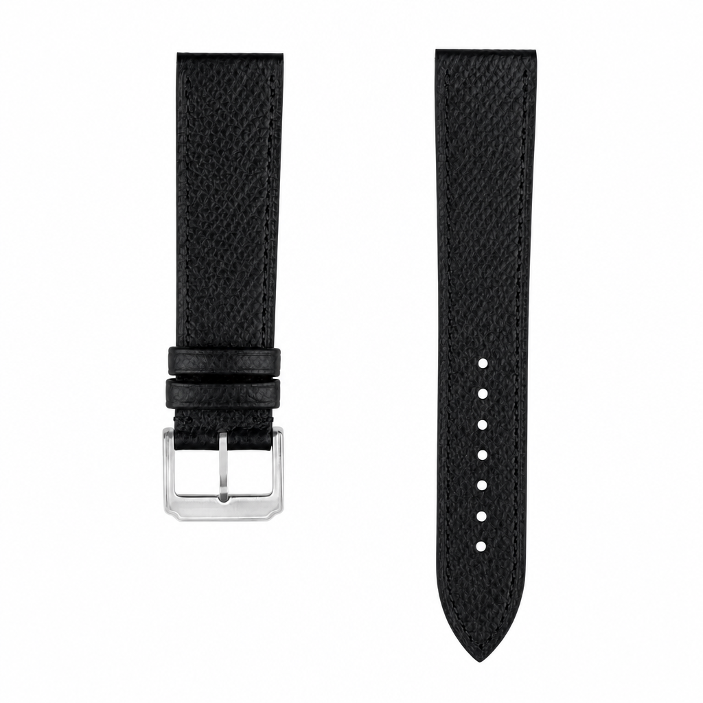 Black leather watch strap with silver buckle, 20mm lug width