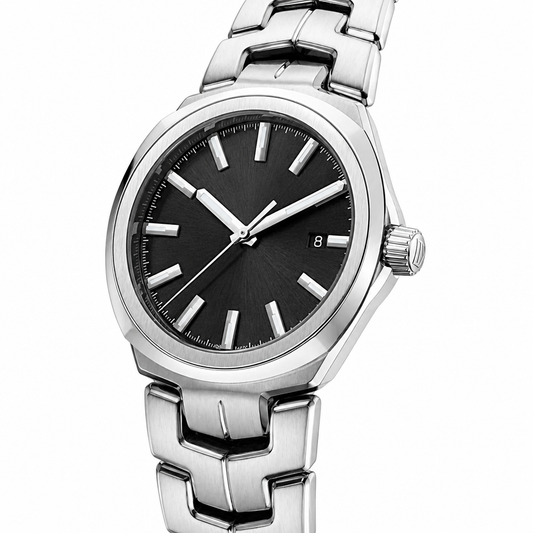 Men's dress watch with black dial and silver metal bracelet