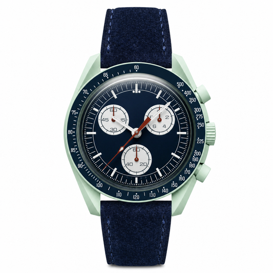 Chronograph watch with navy blue dial and navy suede strap on white background