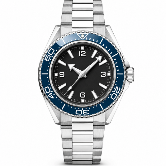 Stainless Steel Dive Watch with blue bezel and black dial 42mm