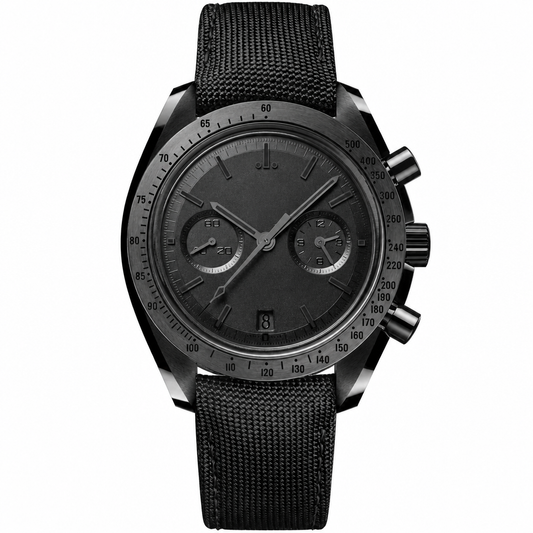 Sport chronograph watch with black dial and black fabric strap, 44mm case size