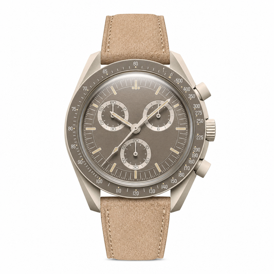 Chronograph watch with taupe dial and beige suede strap on white background