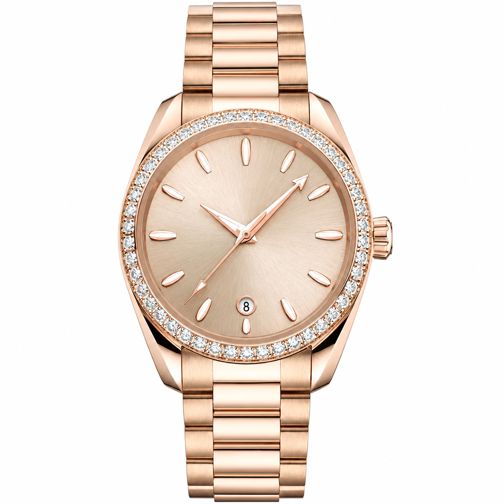 38mm dress watch with champagne dial and rose gold metal bracelet on white background