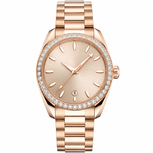 38mm dress watch with champagne dial and rose gold metal bracelet on white background