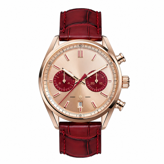 Rose gold dress watch with red leather strap and chronograph dial