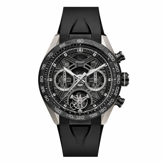 Sport watch with black skeleton dial, metallic gray case and black rubber strap