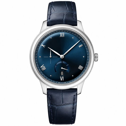 Dress watch with blue dial, silver case, and dark blue leather strap