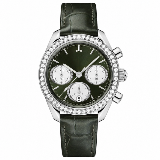 Dress chronograph watch with dark green dial and leather strap