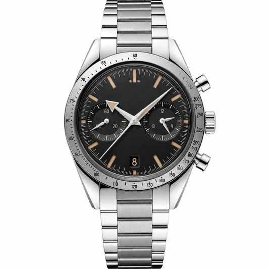 Chronograph watch with black dial and silver stainless steel bracelet