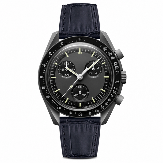 Chronograph watch with black dial and black leather strap