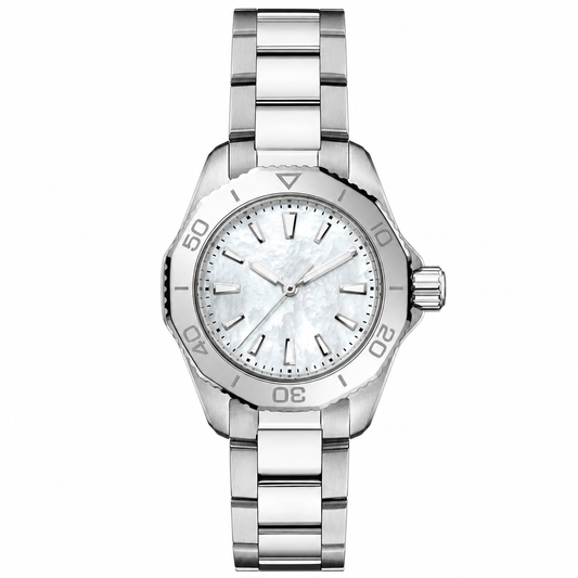 Silver metal watch with white pearlescent dial on white background