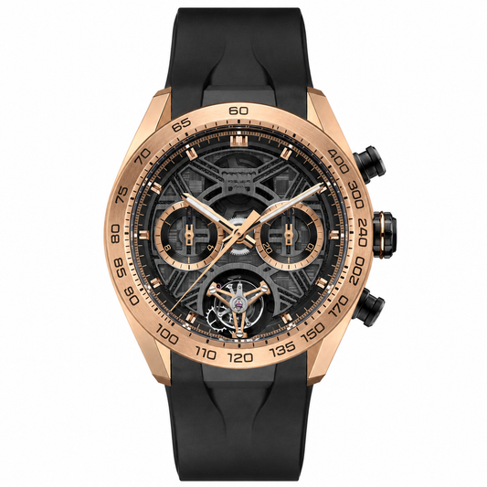 Sport chronograph watch with rose gold tone case and black rubber strap
