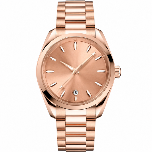 Rose gold dress watch 38mm with metal bracelet on white background
