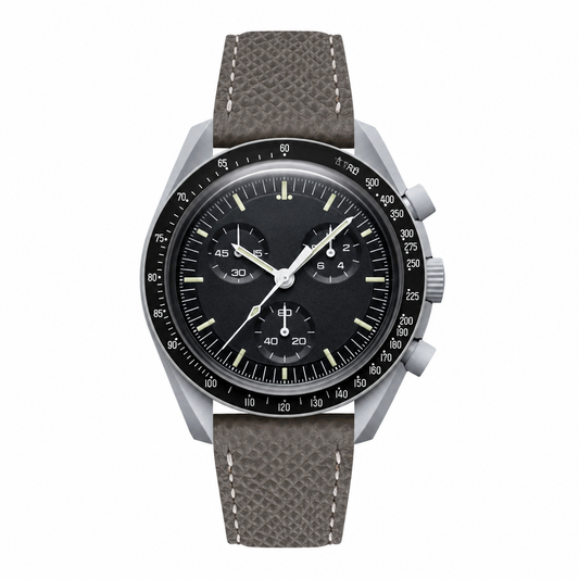 Chronograph watch with black dial and gray leather strap on white background