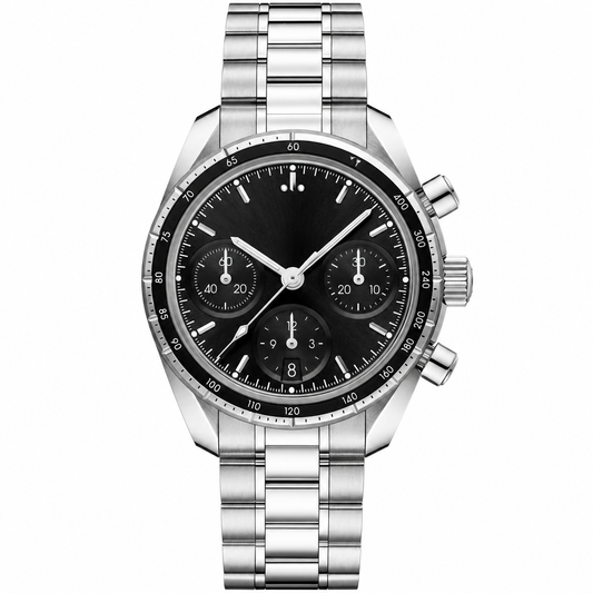 Chronograph watch with black dial, black bezel, and silver metal bracelet