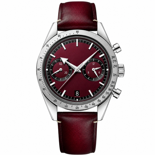 Chronograph watch with burgundy dial and leather strap, 41mm case size