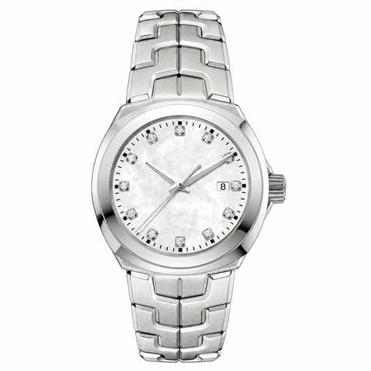 Women's dress watch with white mother-of-pearl dial and silver-tone metal bracelet