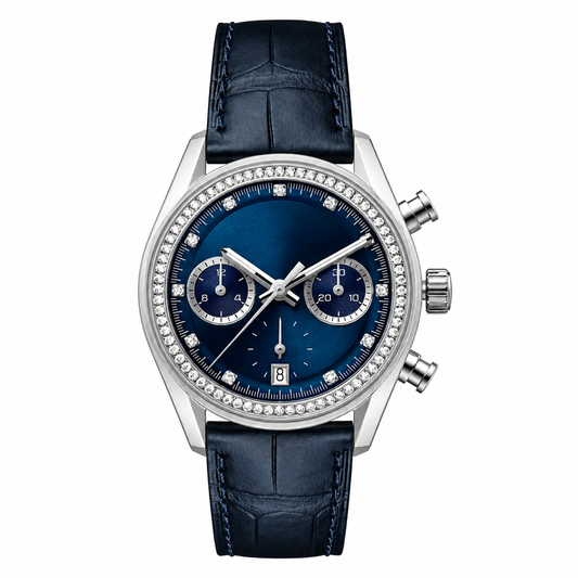 Chronograph watch with blue dial, silver case, and dark blue leather strap