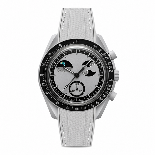 Modern Moon Phase Watch with light gray rubber strap against white background