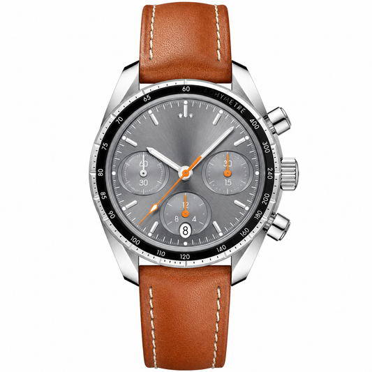 38mm chronograph watch with gray dial, black bezel, silver case, and brown leather strap on white background