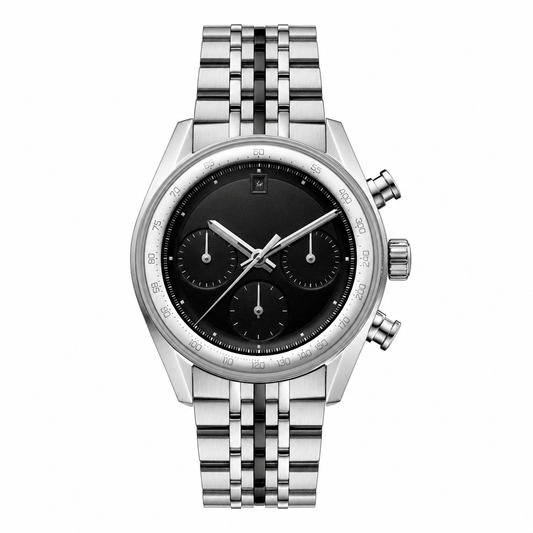 Chronograph watch with black dial and silver metal bracelet on white background