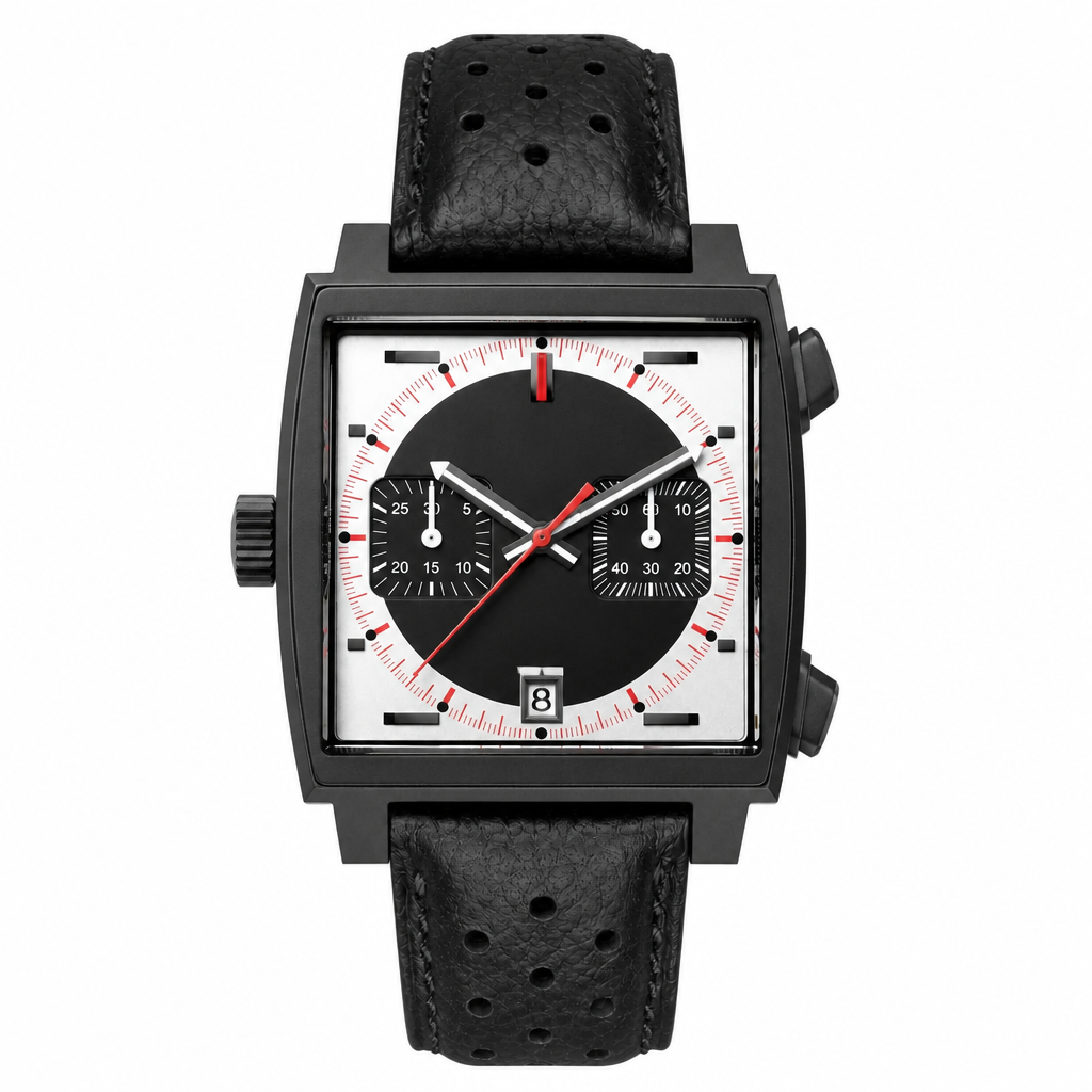 Racing chronograph watch with black square case, black and white dial, red second hand, and black perforated leather strap on white background